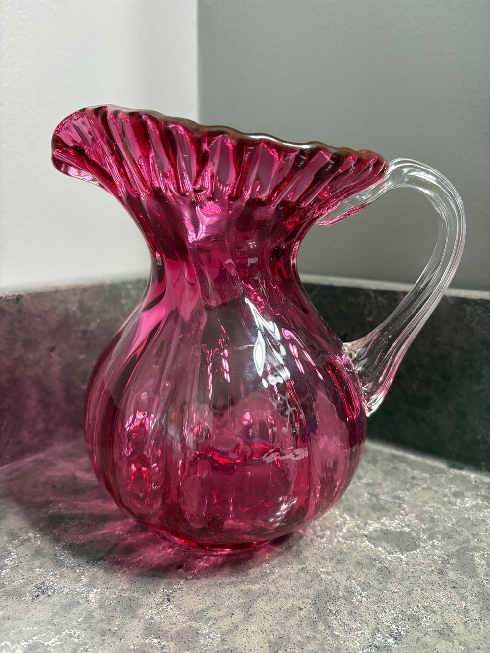 Vintage Cranberry Art Glass Pitcher with Ruffled Edges with Clear Handle
